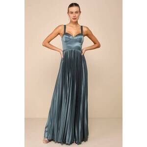 Lulus Luxurious Flair Blue Grey Satin Pleated Bustier Maxi Dress - Size S